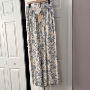 Allie Rose Floral High Waisted Wide Leg Pants - Blue and Cream